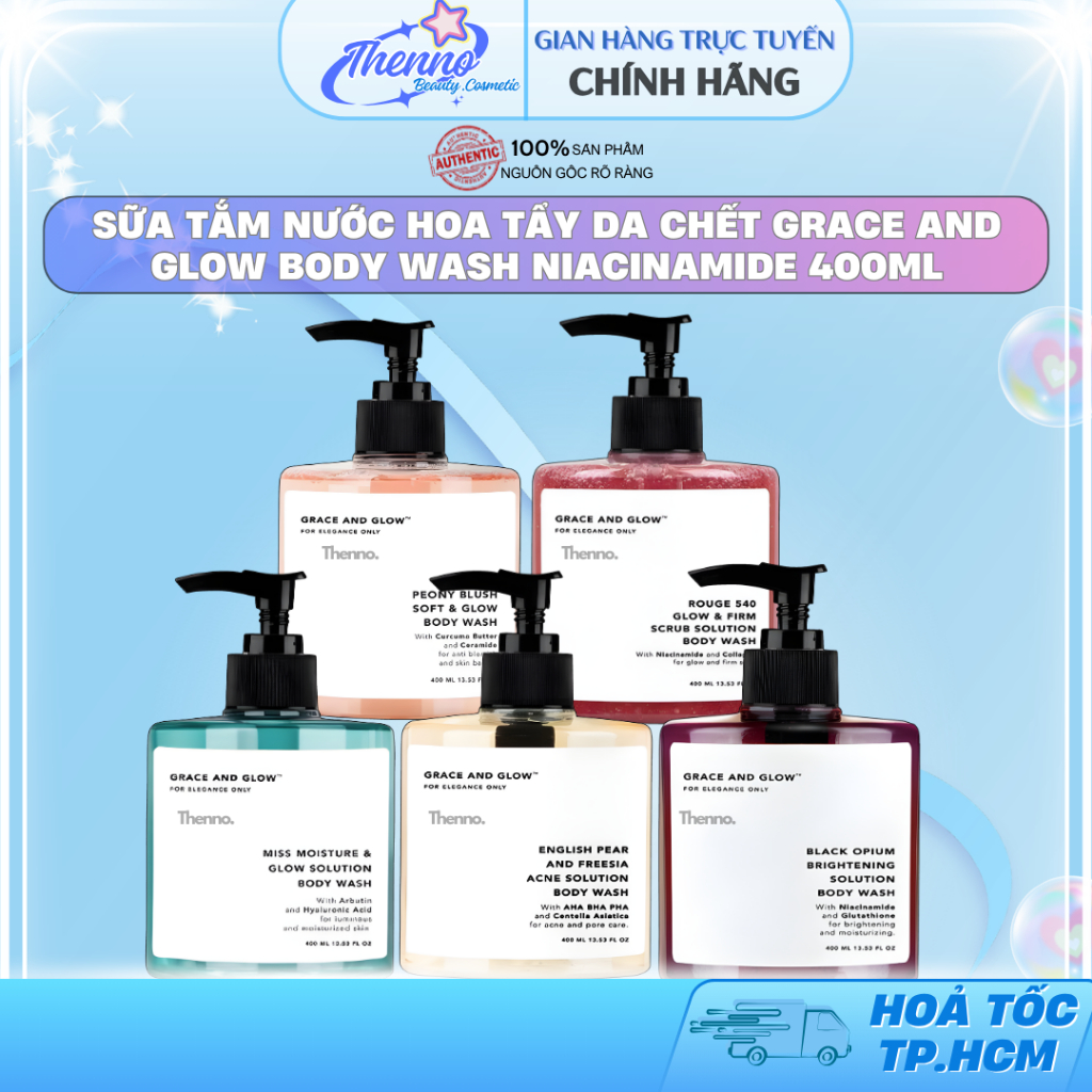 Sữa Tắm Trắng Da Nước Hoa Hỗ Trợ Dưỡng Ẩm Tẩy Da Chết Grace And Glow Body Wash Niacinamide 400ml