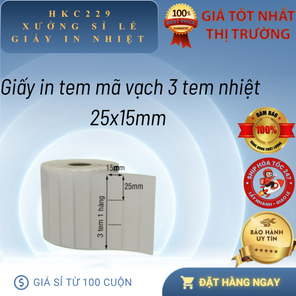 [3 TEM NHỎ] Giấy In Mã Vạch 3Tem Nhiệt 25x15mm (KHÁC loại 3tem 35x22mm), Cuộn 30m