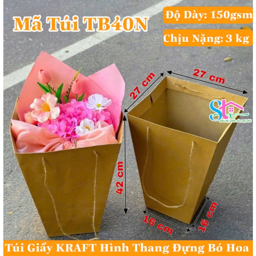 Combo 100 Túi giấy kraft đựng hoa hình thang, túi kraft đựng bó hoa, túi giấy đựng bông hình trụ