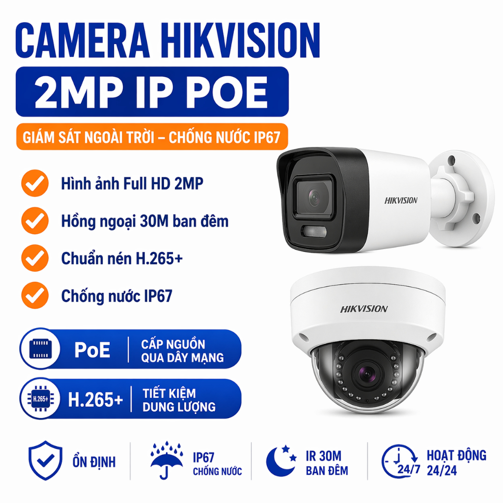 Camera Hikvision IP POE 2MP Có Mic, Có Màu Ban Đêm, Camera Ngoài Trời Và Trong Nhà Hồng Ngoại 30M