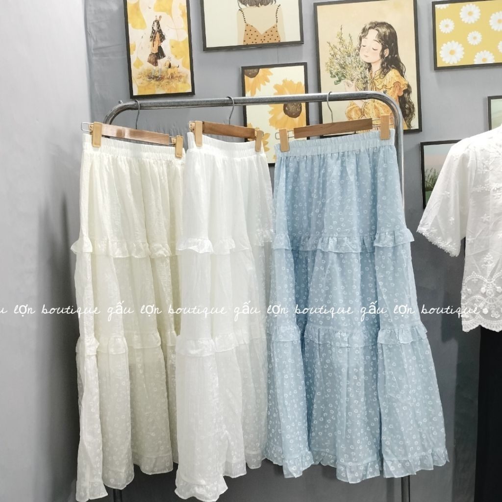chân váy midi xoè tầng hoa nhí chất tơ phong cách hàn quốc | BigBuy360 - bigbuy360.vn