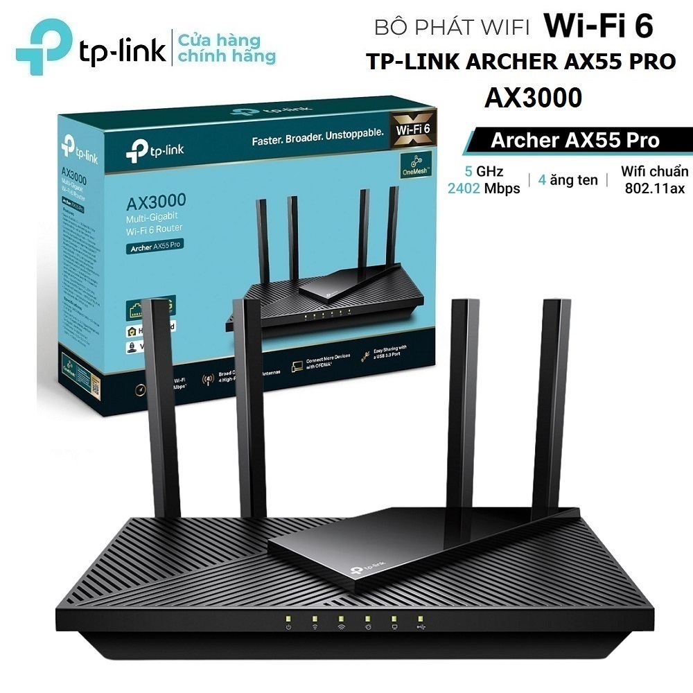 Bộ Phát Wifi 6 TPLink Archer AX55 / Archer AX55 Pro Gigabit Băng tần kép AX3000