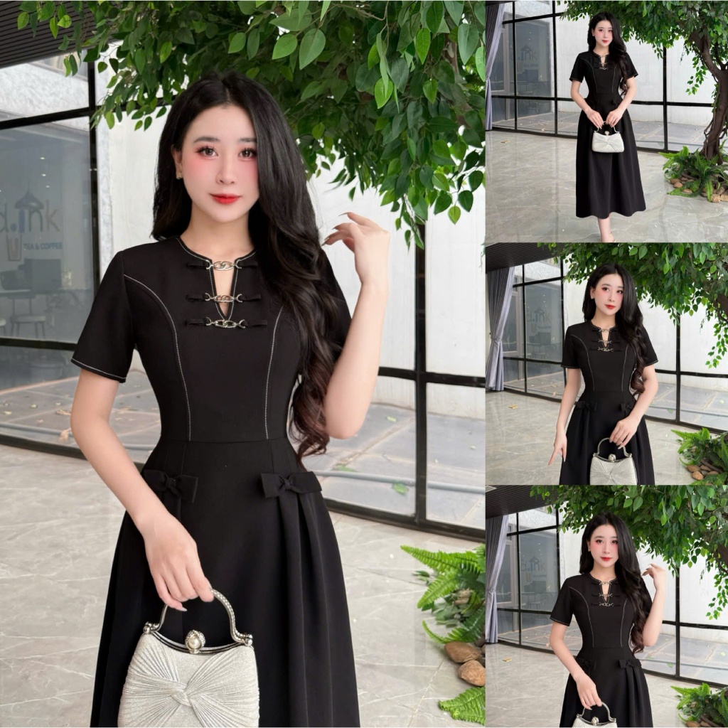 2TY90 - Váy Thiết Kế Eviici dành cho nữ, thiết kế cổ V phối phụ kiện may liền dáng A xòe dài