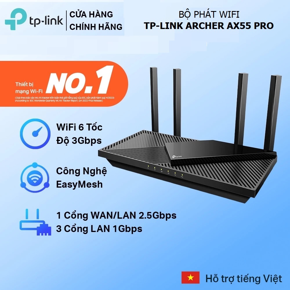 Bộ Phát Wifi 6 TPLink Archer AX55 / Archer AX55 Pro Chuẩn Wifi 6 Gigabit Băng tần kép AX3000 - Bảo H