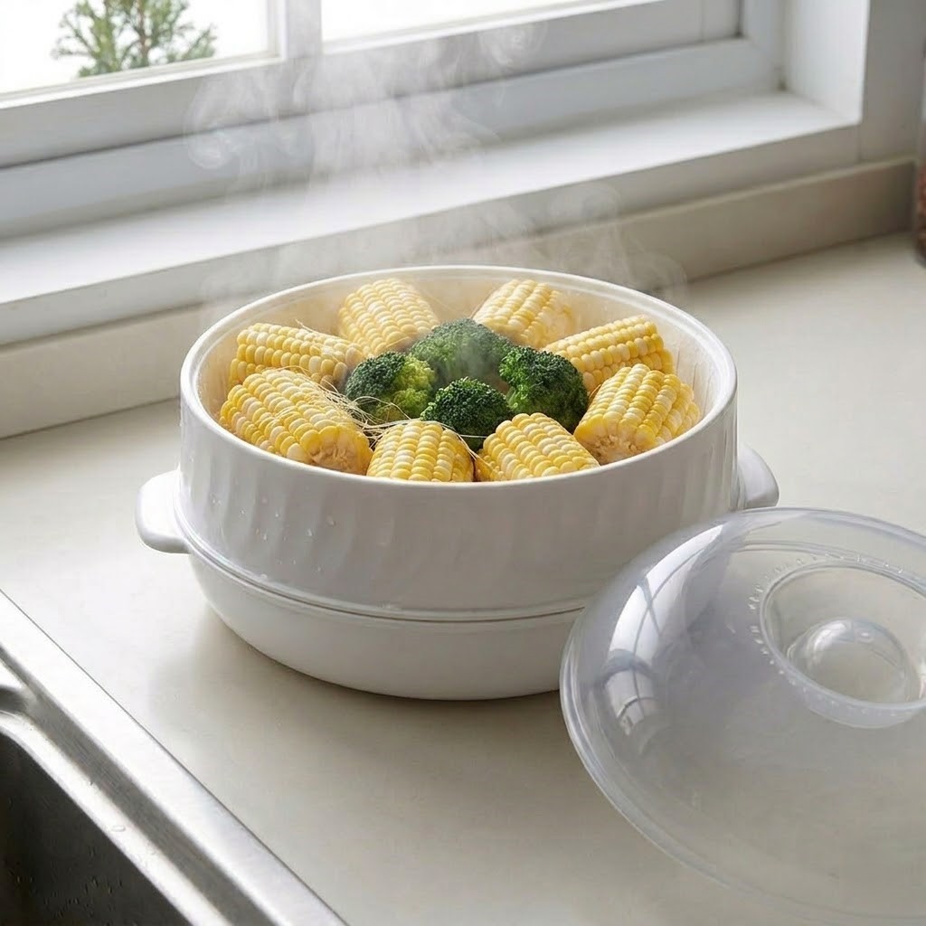 Dụng cụ hấp đồ ăn lò vi sóng – Tiện lợi, giữ trọn dinh dưỡng, khay hấp 2 tầng nhựa PP SAM HOUSE DN60