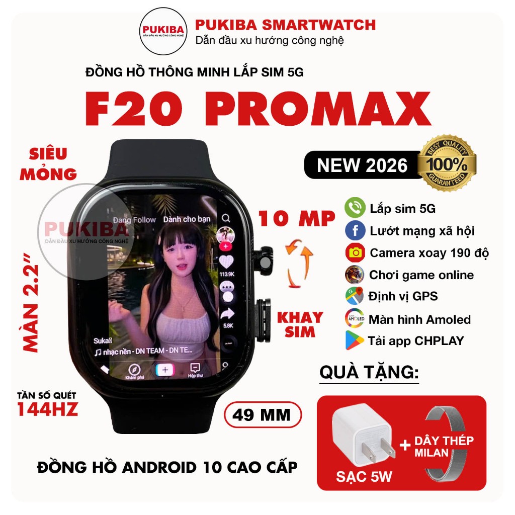 Đồng Hồ Thông Minh F20 Promax Lắp Sim 5G, Wifi, Nghe Nhạc, Xem Phim, Lướt MXH, Game, Android 10, Tải