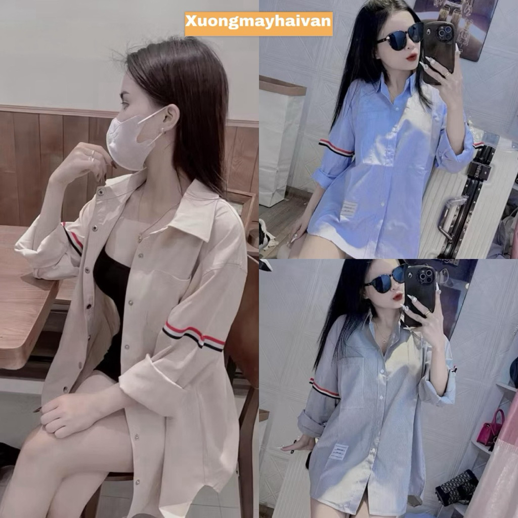 HV - Áo Sơ Mi Kẻ Sọc Xanh Viền Tay Size SM