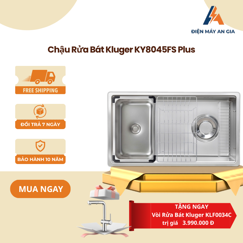 Chậu rửa bát Kluger KY8045FS – S80 Basic/ Plus – Inox Posco 304 – Bề Mặt Hạt Linen - PEB