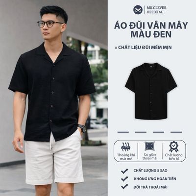 Áo sơ mi nam đũi vân mây màu đen MK CLEVER Chất liệu đũi mềm mịn thoáng mát, chống nhăn, form rộng hằng ngày