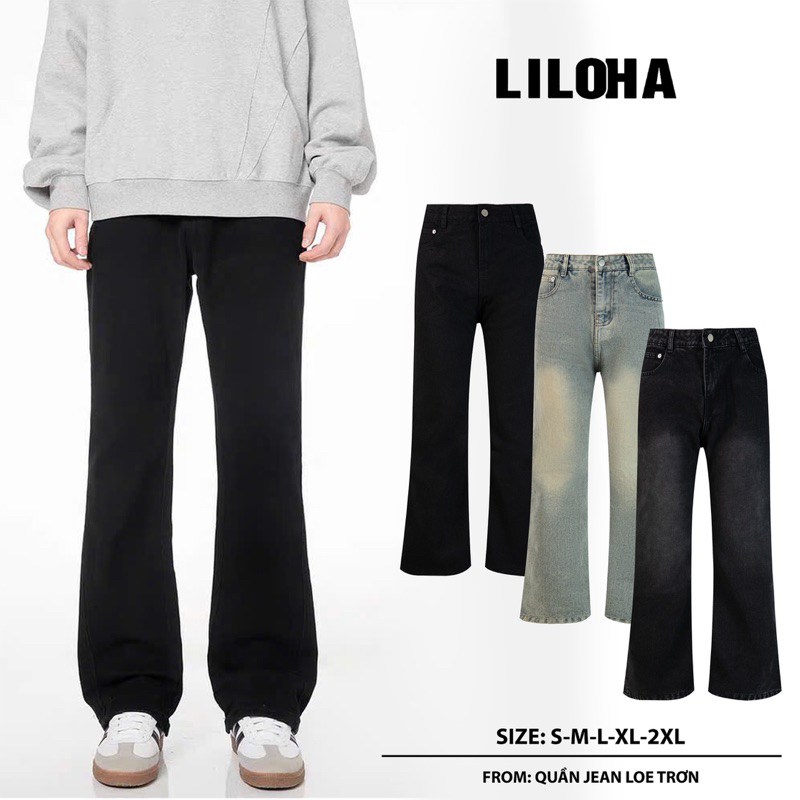 (LILOHA) Quần Jean Nam Trơn Loe Nhẹ Màu Đen Chất Bò Mềm Mịn Phong Cách Retro Menswear Có Túi Q3