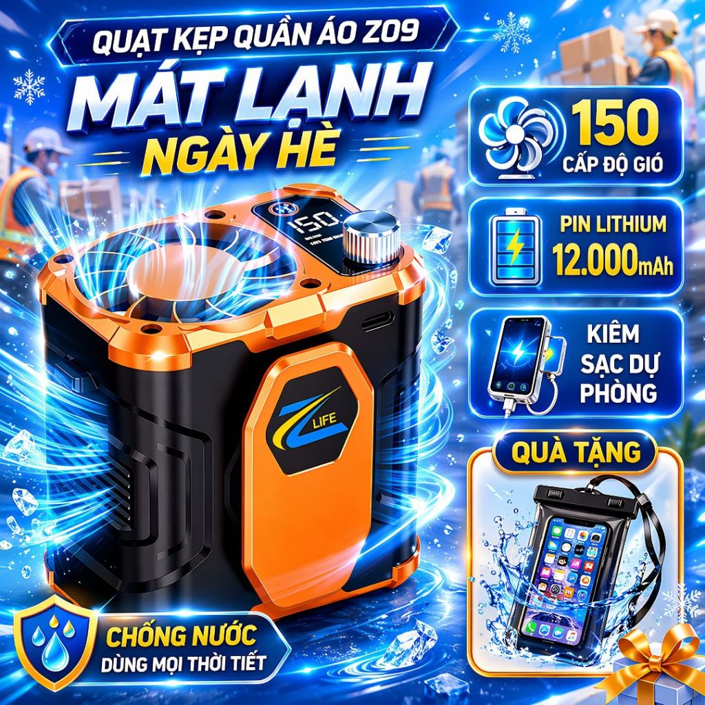 Quạt Tích Điện Đeo Thắt Lưng Dùng Ngoài Trời  Z09, Động Cơ Phản Lực Gió Siêu Mạnh, Cầm Tay Đeo Cổ