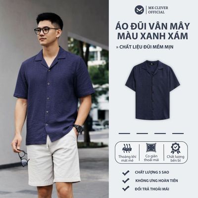 Áo sơ mi nam đũi vân mây màu xanh tím than MK CLEVER Chất liệu đũi mềm mịn thoáng mát, chống nhăn, form rộng hằng ngày