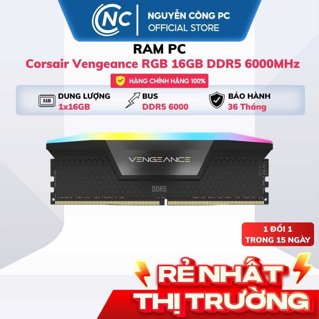 RAM PC Corsair Vengeance RGB 16GB (1x16GB) DDR5 6000MHz - BH 36 tháng