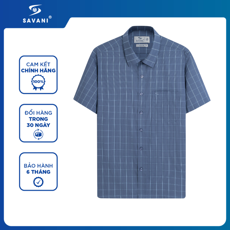Áo Sơ Mi Nam Ngắn Tay Dáng Regular Fit SAVANI, Hiệu Ứng Vải Kẻ Nhỏ Sang Trọng MSSA070S6