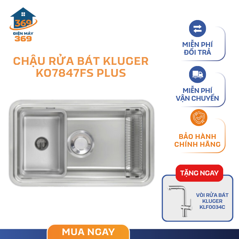 Chậu Rửa Bát Kluger KO7847FS Plus – Thép Không Gỉ 304 – Chống Trầy Xước – Dễ Vệ Sinh – SMC