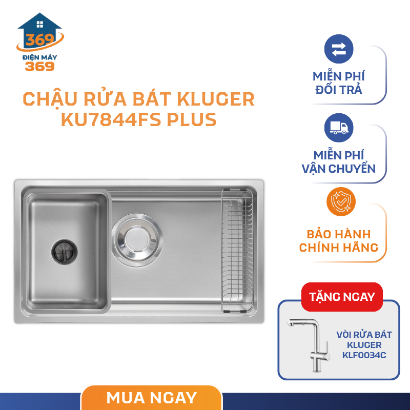 Chậu Rửa Bát 1 Hố Kluger KU7844FS Basic/ Plus - Ép Khuôn Liền Khối - Phủ Nano Ceramic - SMC