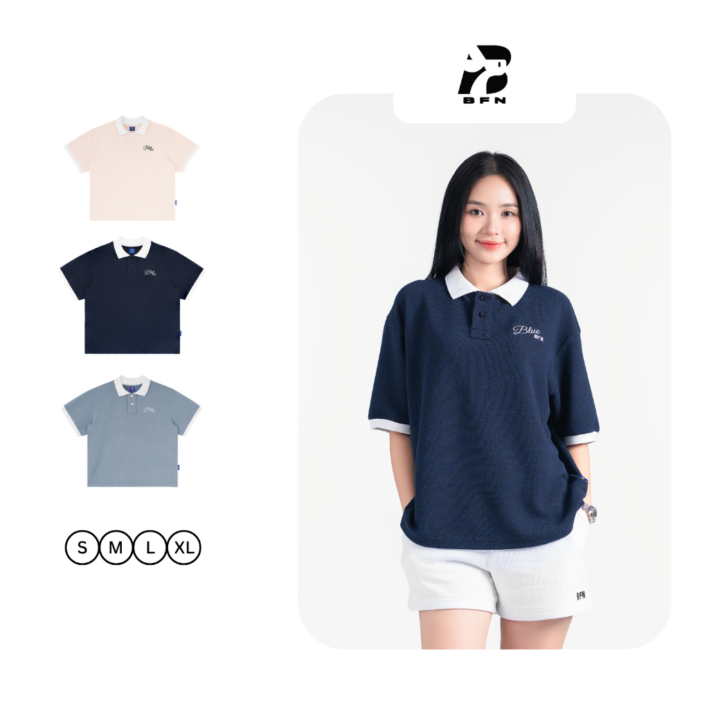 Áo polo Blue BFN unisex, logo thêu nổi sang trọng, vải thun dệt nổi - 330gsm, sang trọng - BFPLNN002
