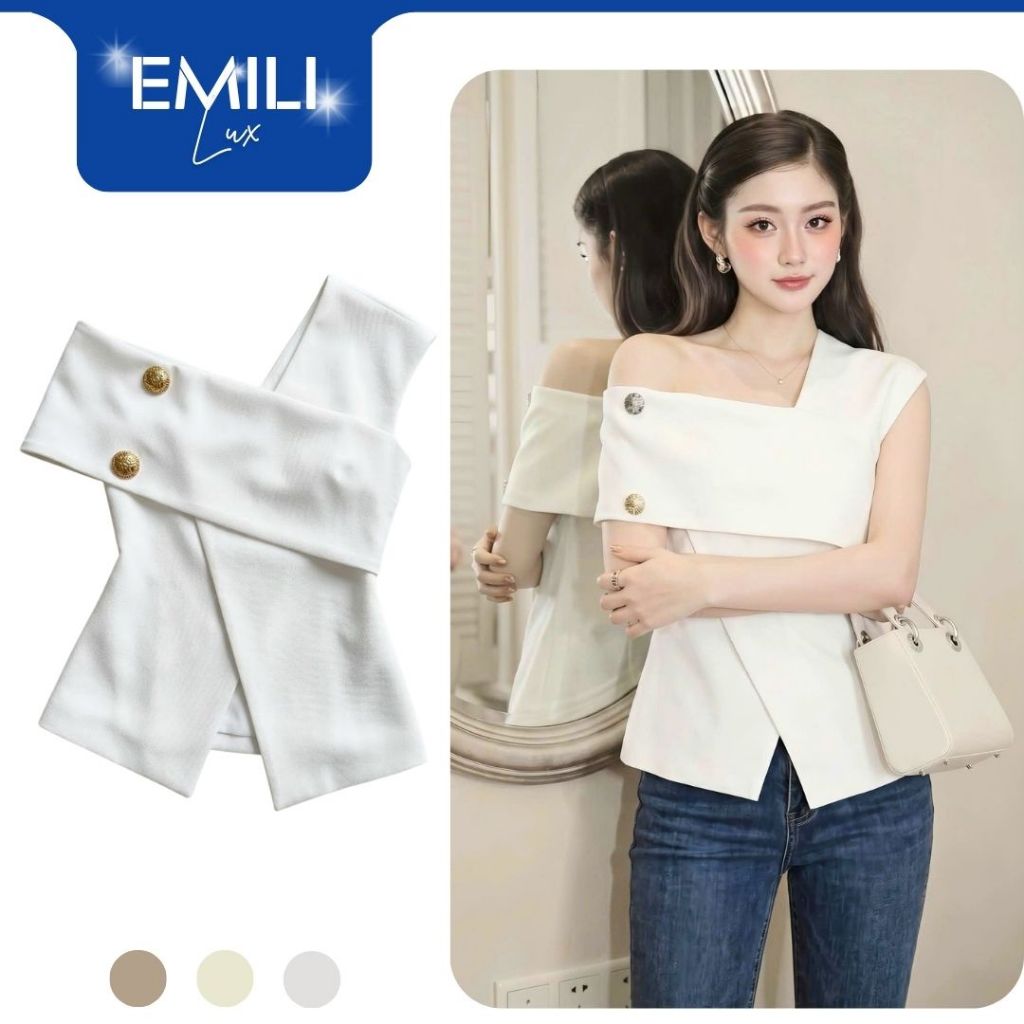 Áo kiểu nữ lệch vai Emili lux vai đính cúc vàng, bạc sang trọng, thanh lịch đi làm đi tiệc A89