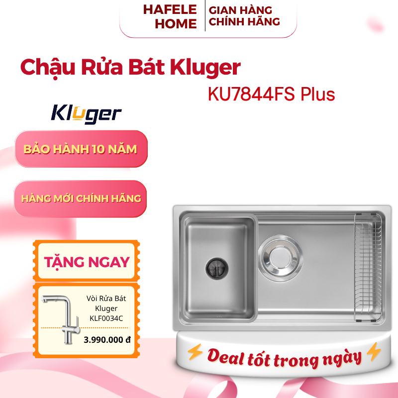Chậu rửa bát 1 hố Kluger KU7844FS Basic/ Plus - Inox 304 - Bề mặt Linen chống trầy xước - EEH