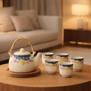 Bộ Ấm Trà Gốm Sứ Cao Cấp Dona Home Decor – Bộ Ấm Chén Trà Đạo Men Hỏa Biến, Vẽ Hoa Đào, Cá Chép Sang Trọng