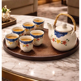 Bộ Ấm Trà Gốm Sứ Cao Cấp Dona Home Decor – Bộ Ấm Chén Trà Đạo Men Hỏa Biến, Vẽ Hoa Đào, Cá Chép Sang Trọng