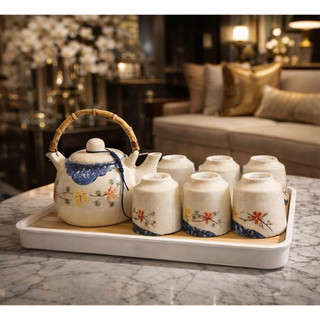 Bộ Ấm Trà Gốm Sứ Cao Cấp Dona Home Decor – Bộ Ấm Chén Trà Đạo Men Hỏa Biến, Vẽ Hoa Đào, Cá Chép Sang Trọng