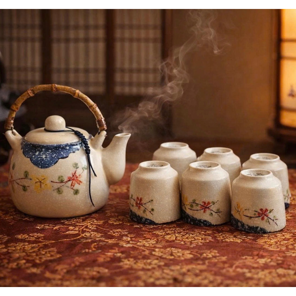Bộ Ấm Trà Gốm Sứ Cao Cấp Dona Home Decor – Bộ Ấm Chén Trà Đạo Men Hỏa Biến, Vẽ Hoa Đào, Cá Chép Sang Trọng