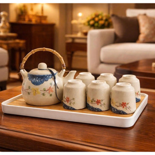 Bộ Ấm Trà Gốm Sứ Cao Cấp Dona Home Decor – Bộ Ấm Chén Trà Đạo Men Hỏa Biến, Vẽ Hoa Đào, Cá Chép Sang Trọng