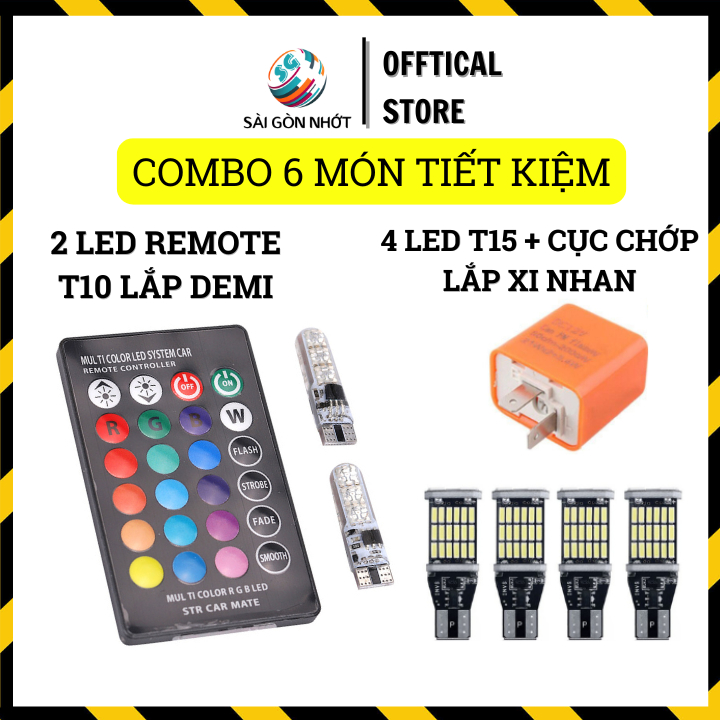 Combo 6 gồm 4 Đèn LED T15 Lắp Xi nhan + Bộ Đèn Led T10 Điều Khiển Remote Lắp Demi + Cục Chớp Xi Nhan