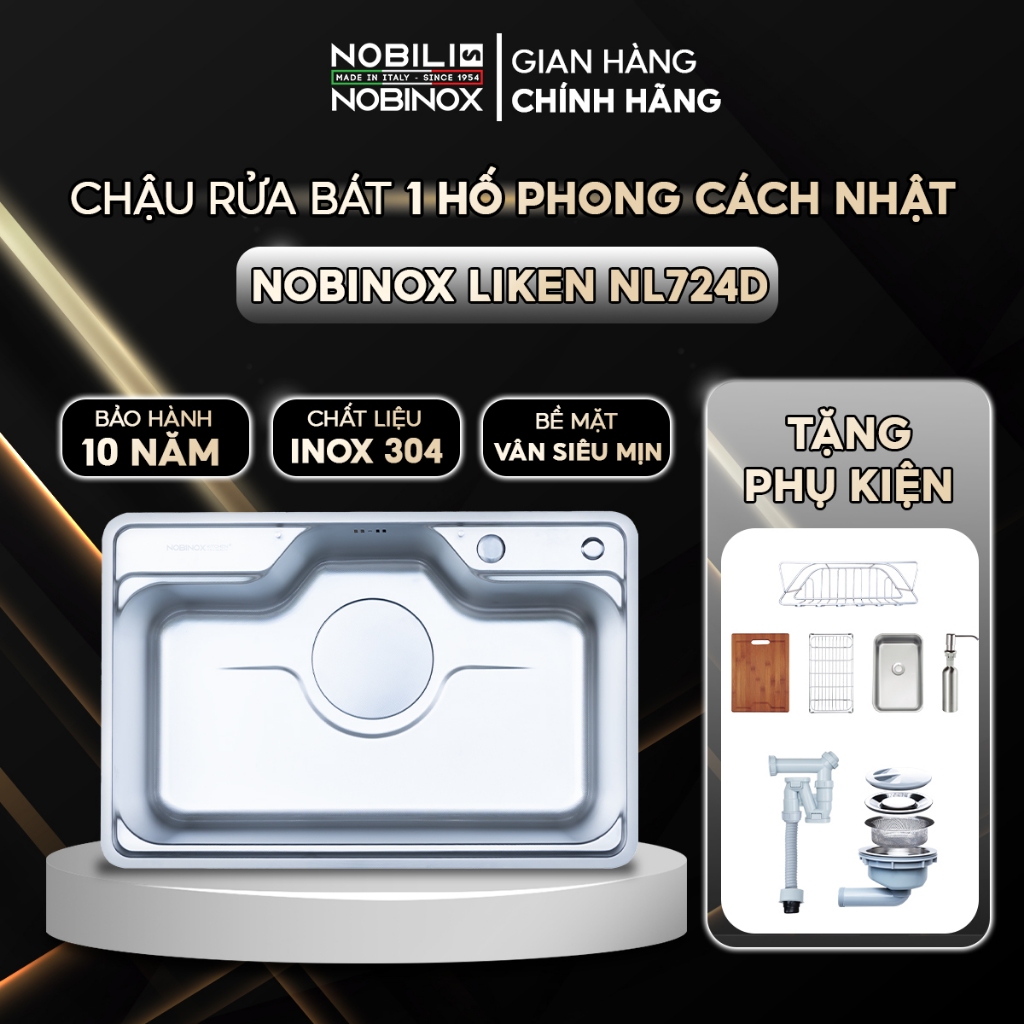 Chậu rửa bát 1 hố Nobinox LIKEN NL724D inox 304 vân siêu mịn chống xước 72x48cm - Tặng kèm phụ kiện
