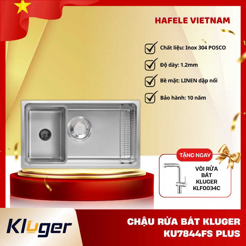 Chậu Rửa Bát 1 Hố Kluger KU7844FS Basic/ Plus - Inox Posco 304 Bền Bỉ - Siphon Kiểu Nhật - FEM