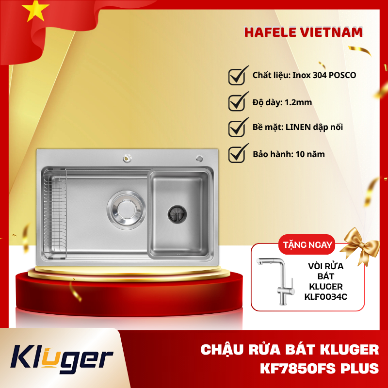 Chậu Rửa Chén Kluger KF7850FS Basic/ Plus - POSCO 304 Bền Bỉ - Siphon Thiết Kế Chữ Z - PEM