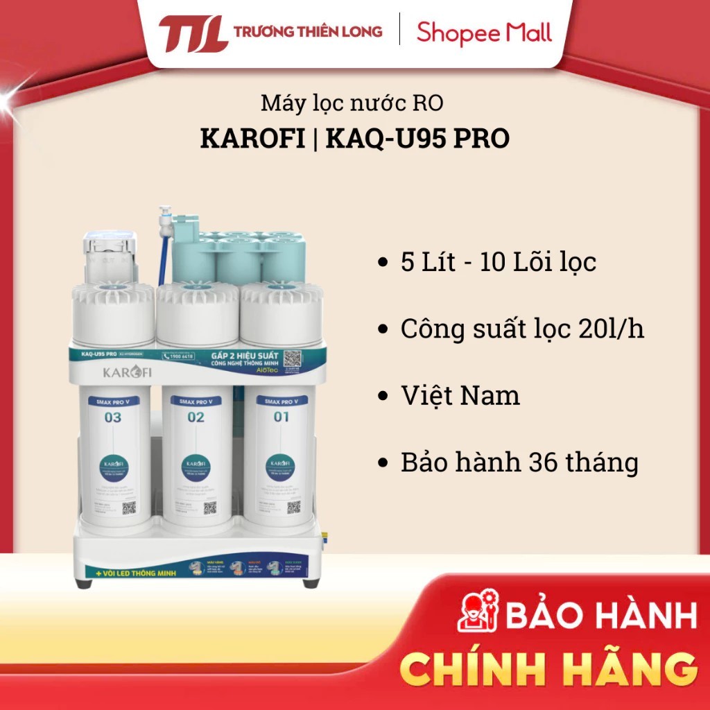 Máy lọc nước RO Karofi KAQ-U95 Pro - Không tủ, để gầm, 20 L/h, 410x280x212 mm, 9 kg
