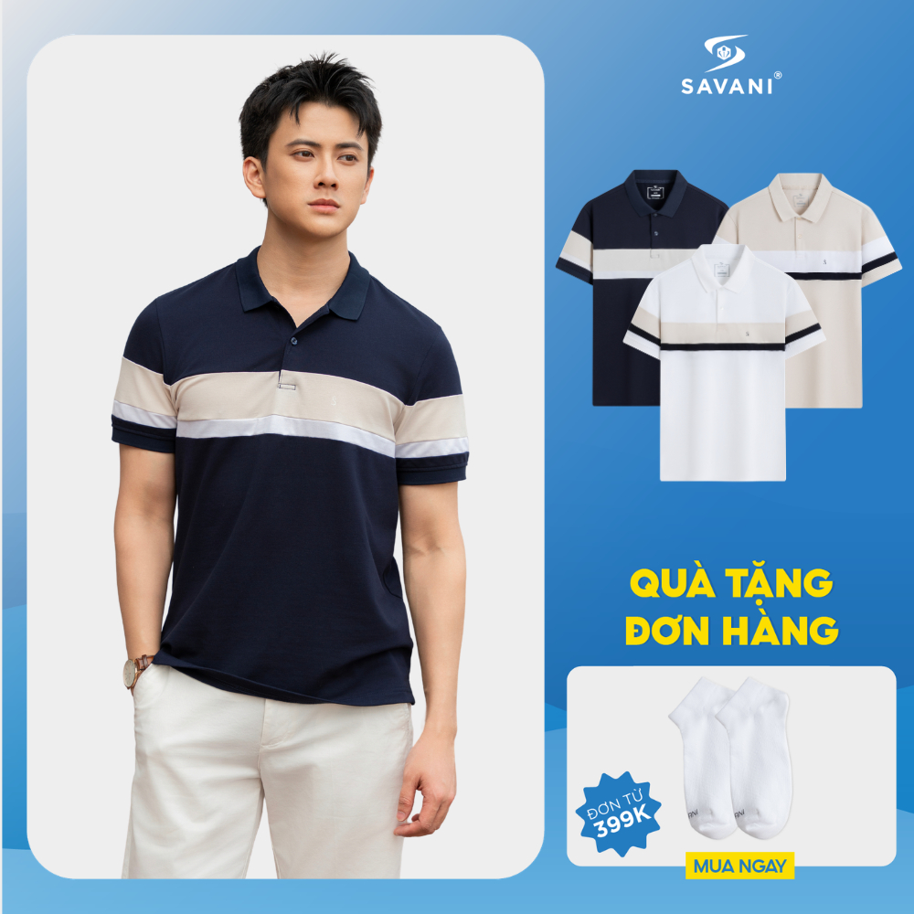 Áo Thun Polo Nam SAVANI Cao Cấp, Áo Thun Nam Phối Kẻ Ngang Trước Ngực, Thiết Kế Trẻ Trung MPSA313S6