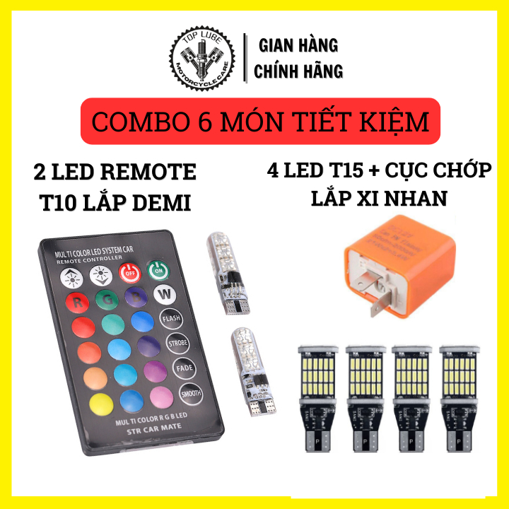 Combo 6 gồm Bộ Đèn Led T10 Điều Khiển Remote Lắp Demi + 4 Đèn LED T15 Lắp Xi nhan + Cục Chớp Xi Nhan