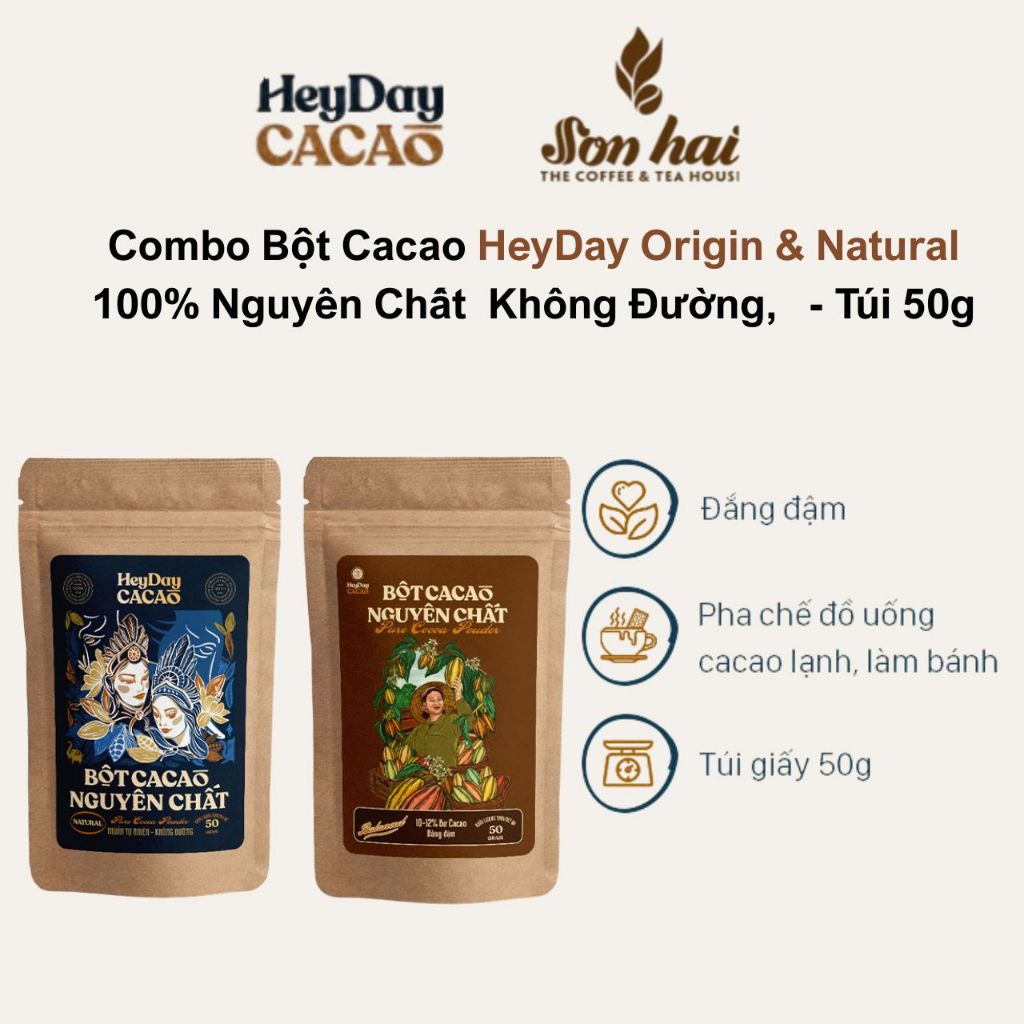 Combo Bột Cacao HeyDay Origin & Natural -  Nguyên Chất  Không Đường - Túi 50g