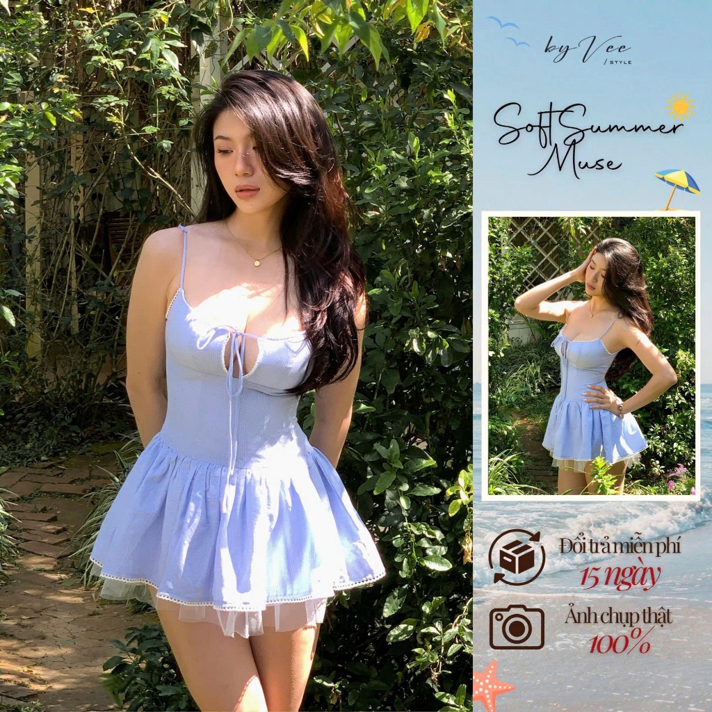 Đầm 2 dây xanh dương blue Sky Tie Dress - Byvee, Đầm đi biển dáng ngắn tùng xòe đi chơi | BigBuy360 - bigbuy360.vn