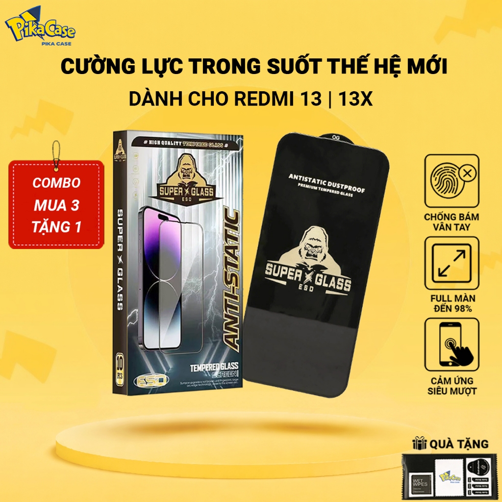 Cường lực Redmi 13, 13x Pikacase full màn | Miếng kính dán bảo vệ màn hình cho Redmi