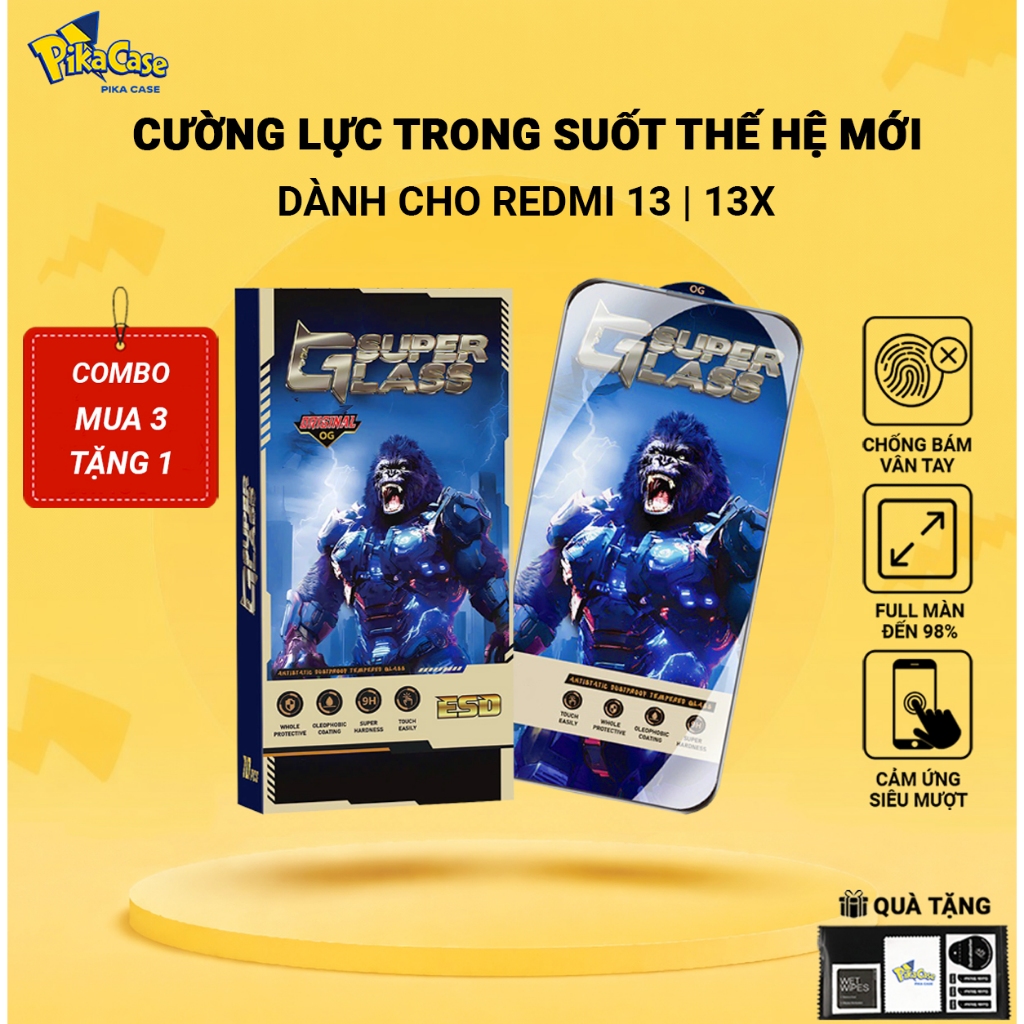 Cường lực Redmi 13, 13x Pikacase PREMIUM full màn | Miếng kính dán bảo vệ màn hình cho Redmi