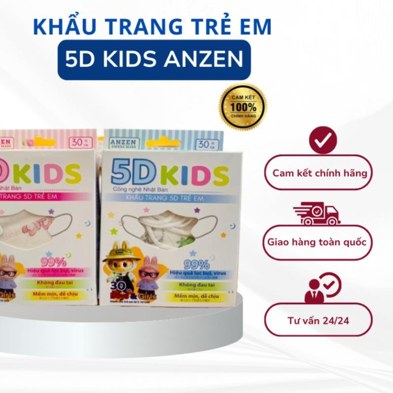 Khẩu trang 5D Kids Anzen cho bé ( 3-10 tuổi ) 3 lớp Vải Không Dệt & Giấy Kháng Khuẩn, Hộp 30 cái