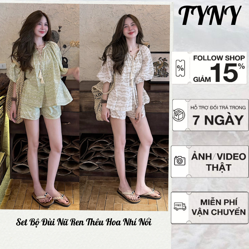 Set Bộ Đùi Nữ Ren Thêu Hoa Nhí Nổi - Đồ Bộ Nữ Mùa Hè Áo Cổ V Thắt Dây Quần Short Style Boho Nàng Thơ