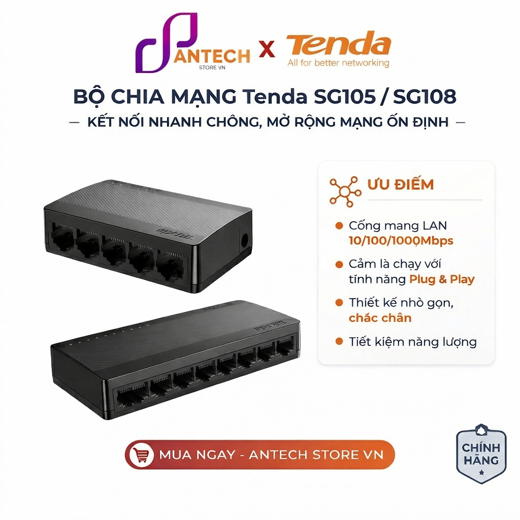 Bộ Chia Mạng 5-8 Cổng Chuẩn Gigabit 1000Mbps, Chạy Cực Nhanh, Không Lo Giật Lag Tenda SG105 - Bảo Hà