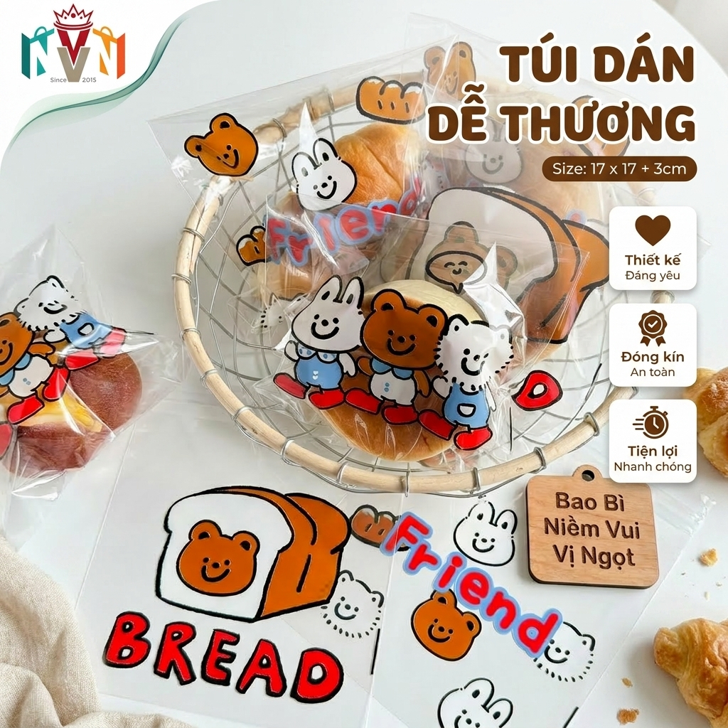 100 Túi dán miệng đựng Bánh mì ngọt (17*17+3cm), Túi đựng Donut, Bánh Sừng trâu, Cupcake