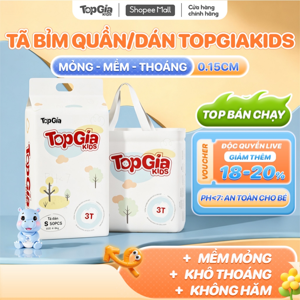 Tã/Bỉm Quần Dán TOPGIAKIDS mềm mại, khô thoáng, cân bằng da ngừa hăm bí cho bé S/M/L/XL/XXL/XXXL