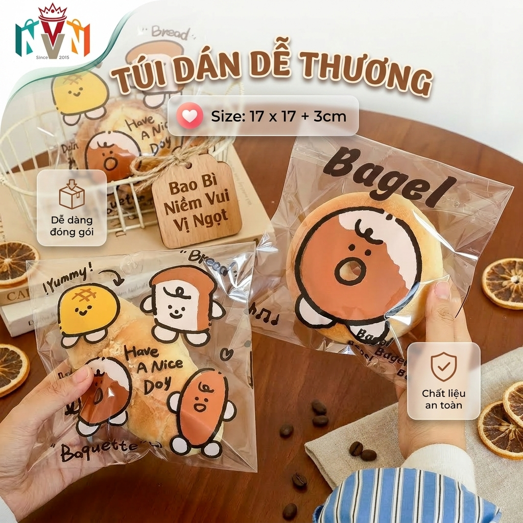 100 Túi dán miệng đựng Bánh mì ngọt (17*17+3cm), Túi đựng Donut, Bánh Sừng trâu, Cupcake