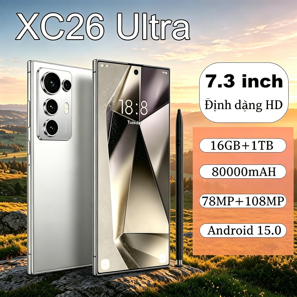 Điện thoại thông minh 2026 XC26 Ultra 7.3inch 16GB+1TB 8000mAH 78MP+108MP Snapdragon 8 Gen4 Dual SIM