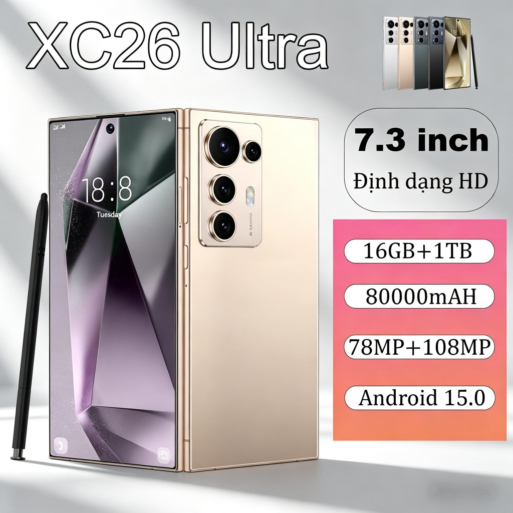 Điện thoại thông minh XC26 Ultra 16GB+1TB 8000mAH 78MP+108MP Màn hình HD 7.3inch Dual SIM Dual Stand