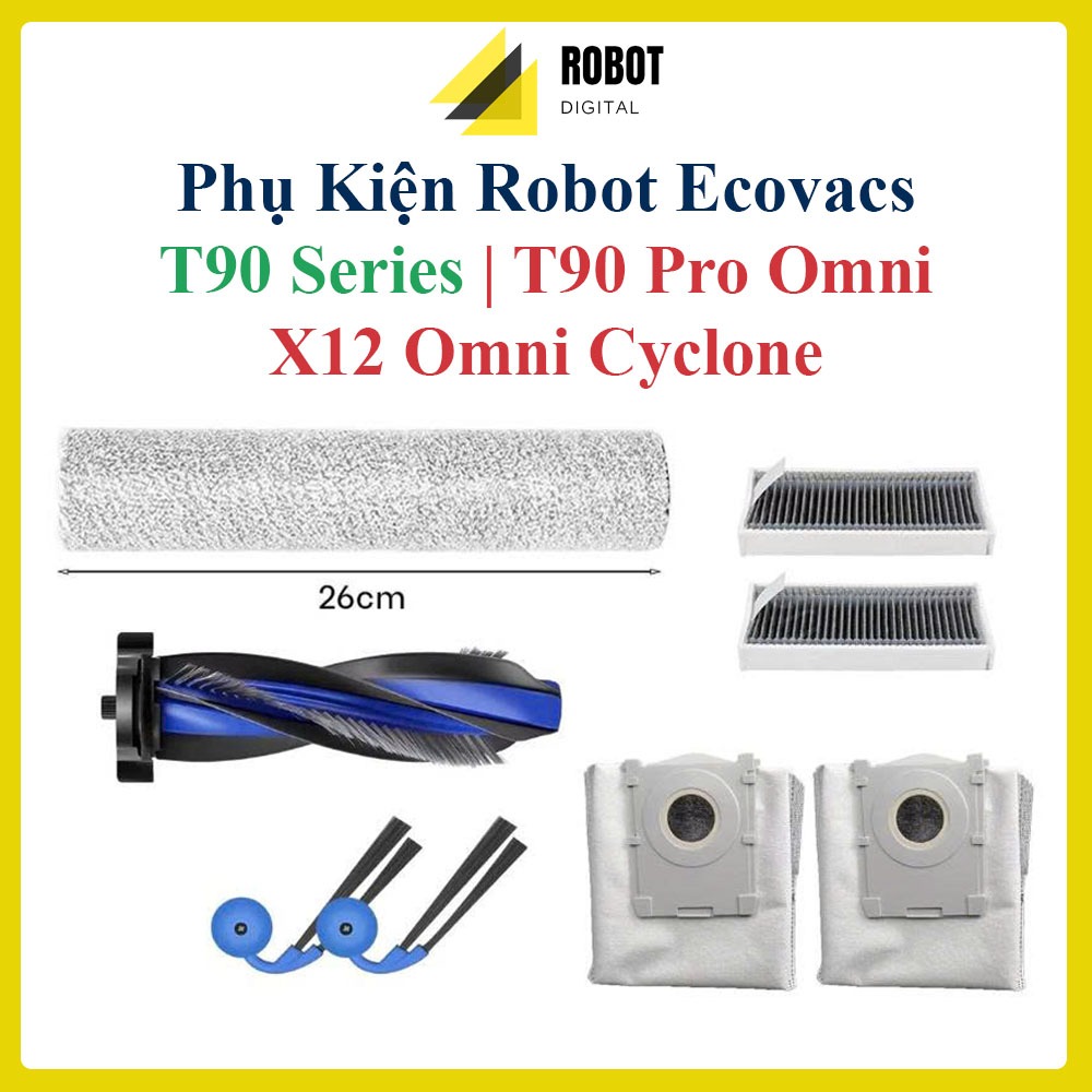 Phụ kiện Ecovacs T90 Series | T90 Pro Omni, X12 Omni Cyclone - Con lăn lau nhà, Chổi chính, Chổi cạnh, Màng lọc HEPA