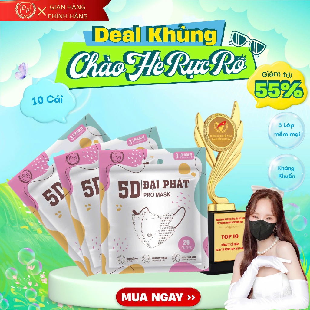 100 chiếc Khẩu Trang 5D Y Tế Đại Phát 3 Lớp Kháng Khuẩn, Khẩu Trang Chống Tia UV