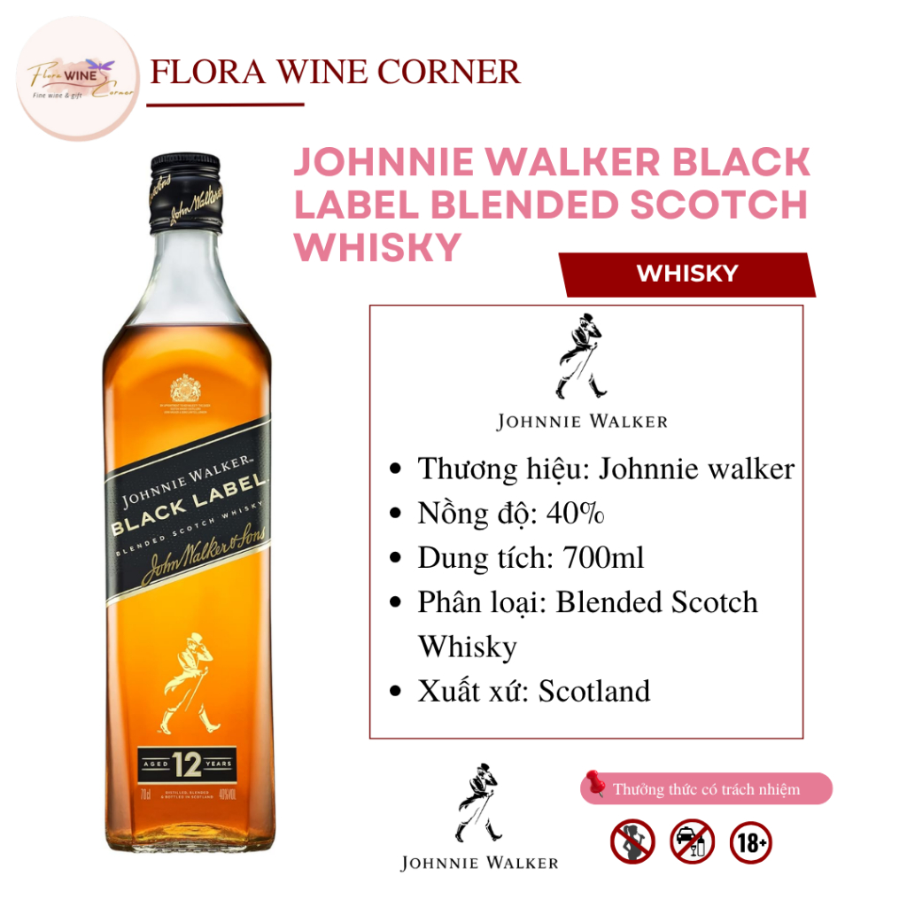 Rượu mạnh Whisky Scotland Johnnie Walker Black Label Blended Scotch Whisky – Nồng độ 40% Alc, 750ml 